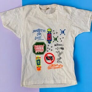 Vintage 80s Skate Or Die Neon Skateboard Tee Screen Stars USA 50/50 M